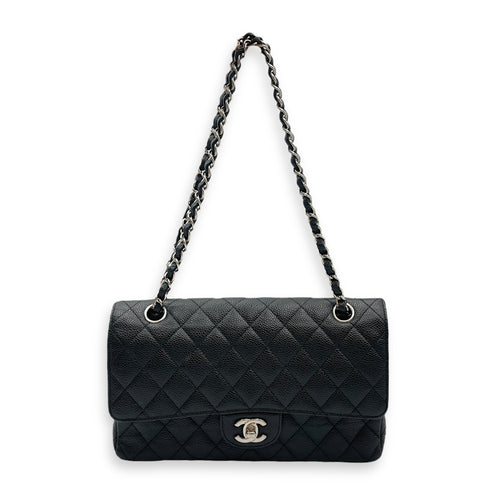 Classic Medium Black Double Flap Bag in Caviar Leather, Silver hardware