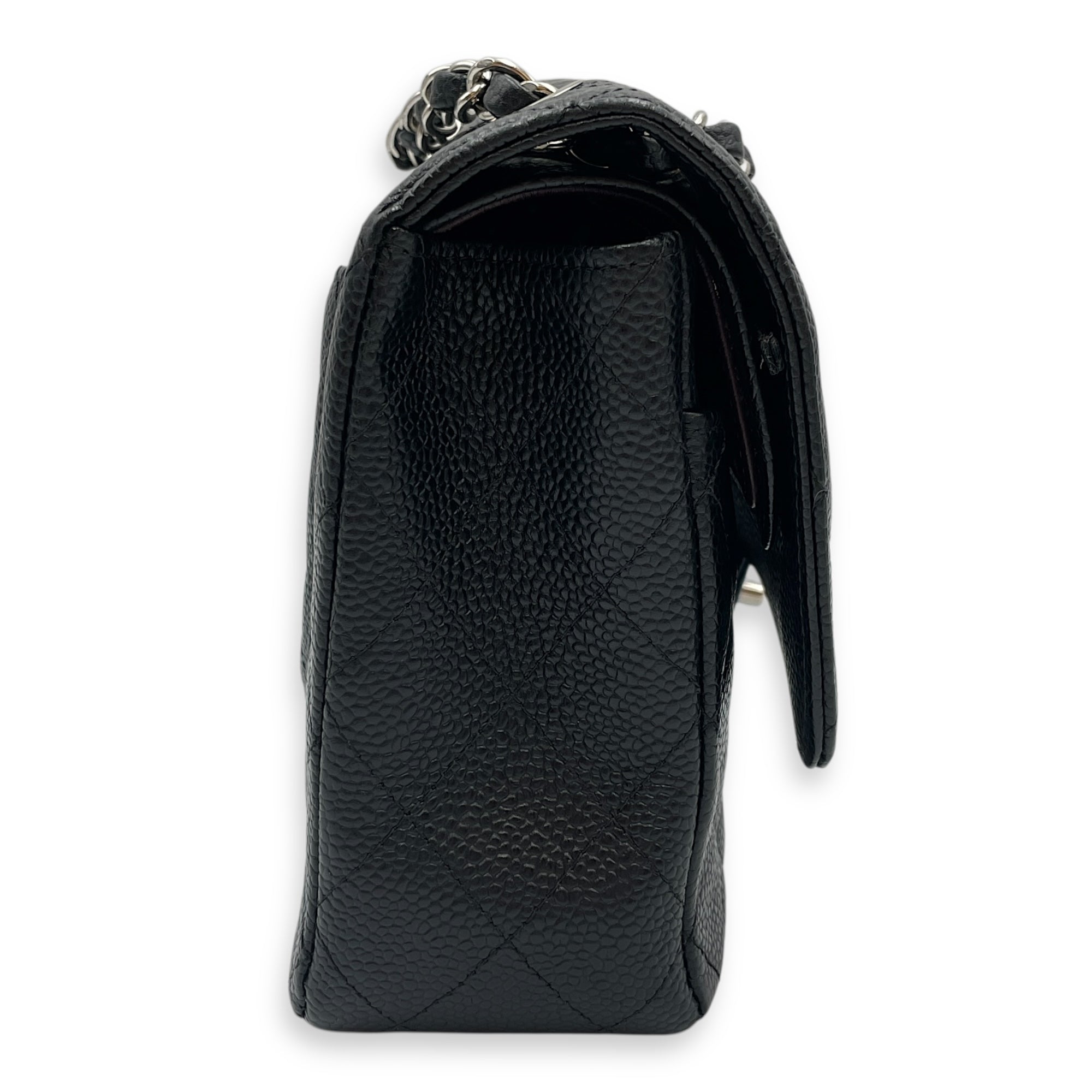 Classic Medium Black Double Flap Bag in Caviar Leather, Silver hardware