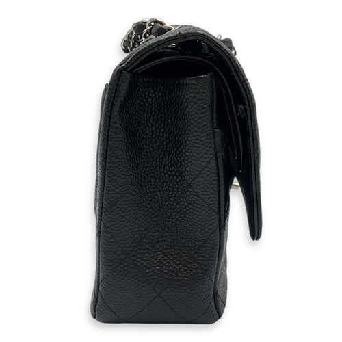 Classic Medium Black Double Flap Bag in Caviar Leather, Silver hardware