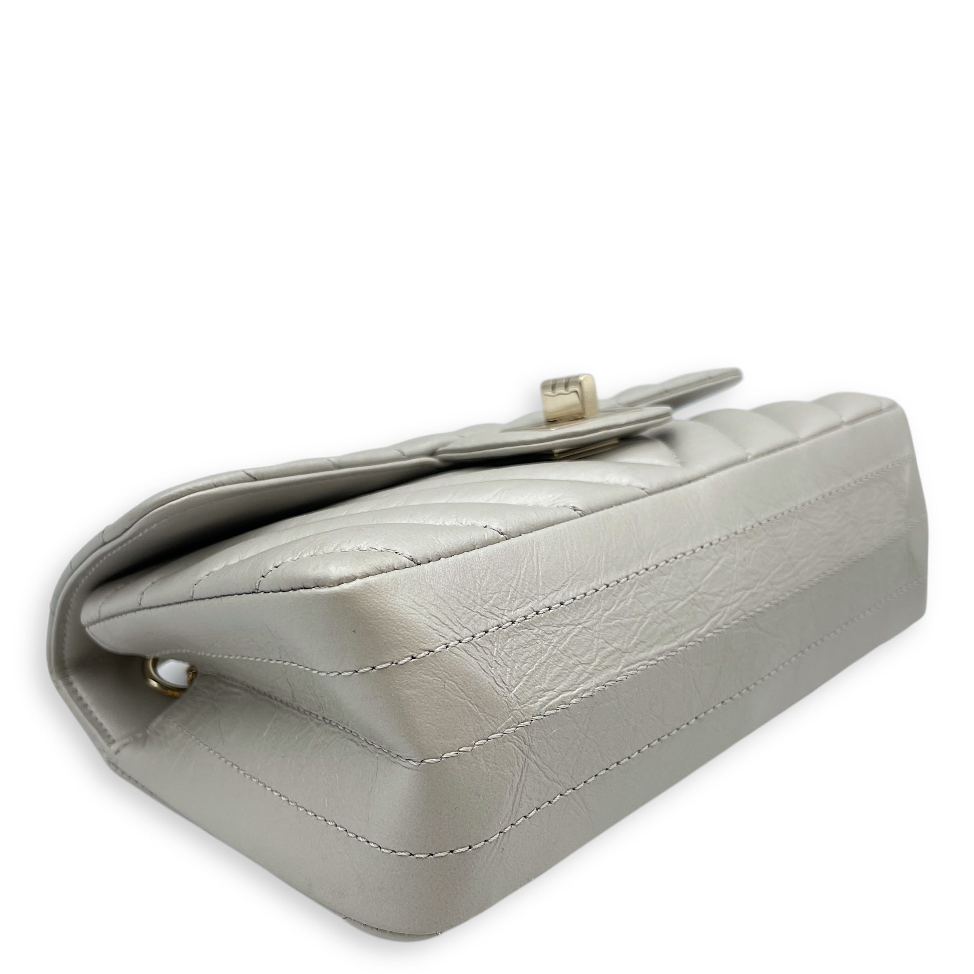 Chevron 22.55 Reissue Mini Metallic Grey Crossbody Bag in Lambskin, Gold hardware