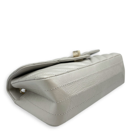 Chevron 22.55 Reissue Mini Metallic Grey Crossbody Bag in Lambskin, Gold hardware