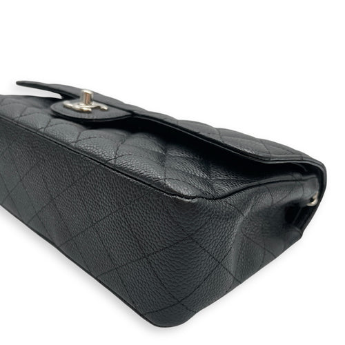 Classic Medium Black Double Flap Bag in Caviar Leather, Silver hardware