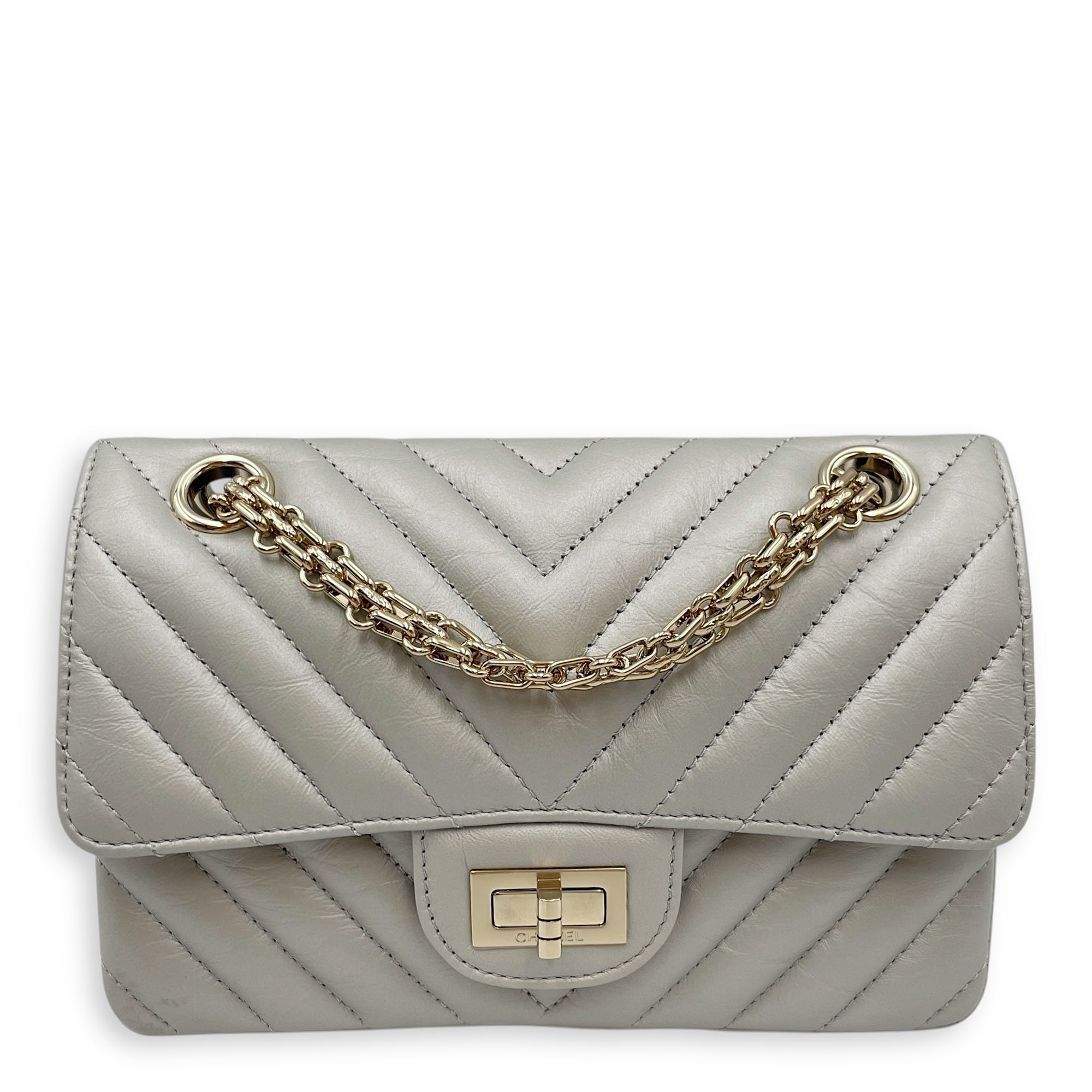 Chevron 22.55 Reissue Mini Metallic Grey Crossbody Bag in Lambskin, Gold hardware