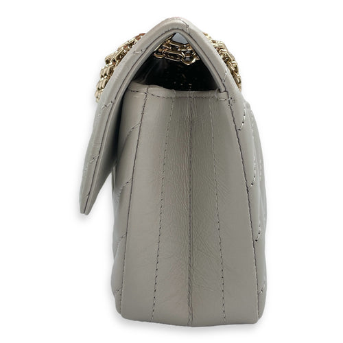 Chevron 22.55 Reissue Mini Metallic Grey Crossbody Bag in Lambskin, Gold hardware