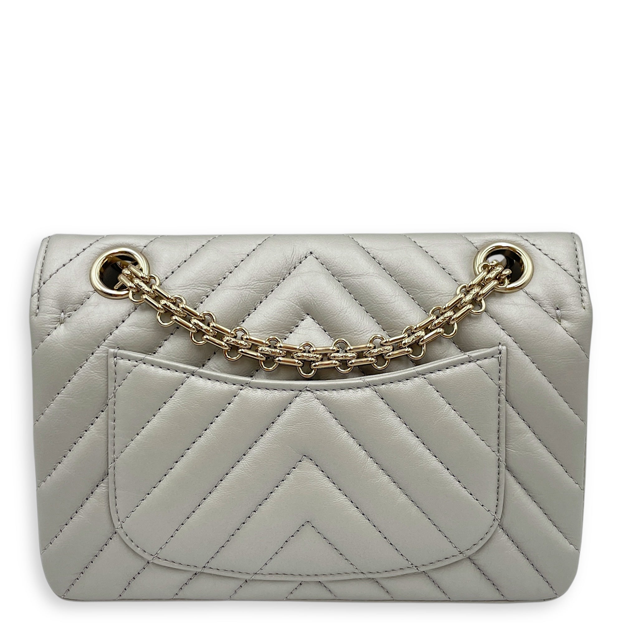 Chevron 22.55 Reissue Mini Metallic Grey Crossbody Bag in Lambskin, Gold hardware