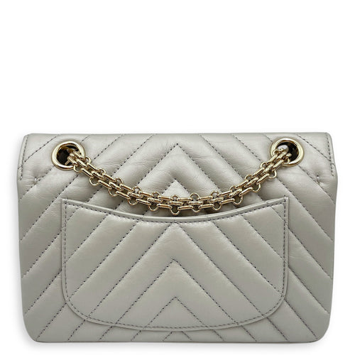 Chevron 22.55 Reissue Mini Metallic Grey Crossbody Bag in Lambskin, Gold hardware
