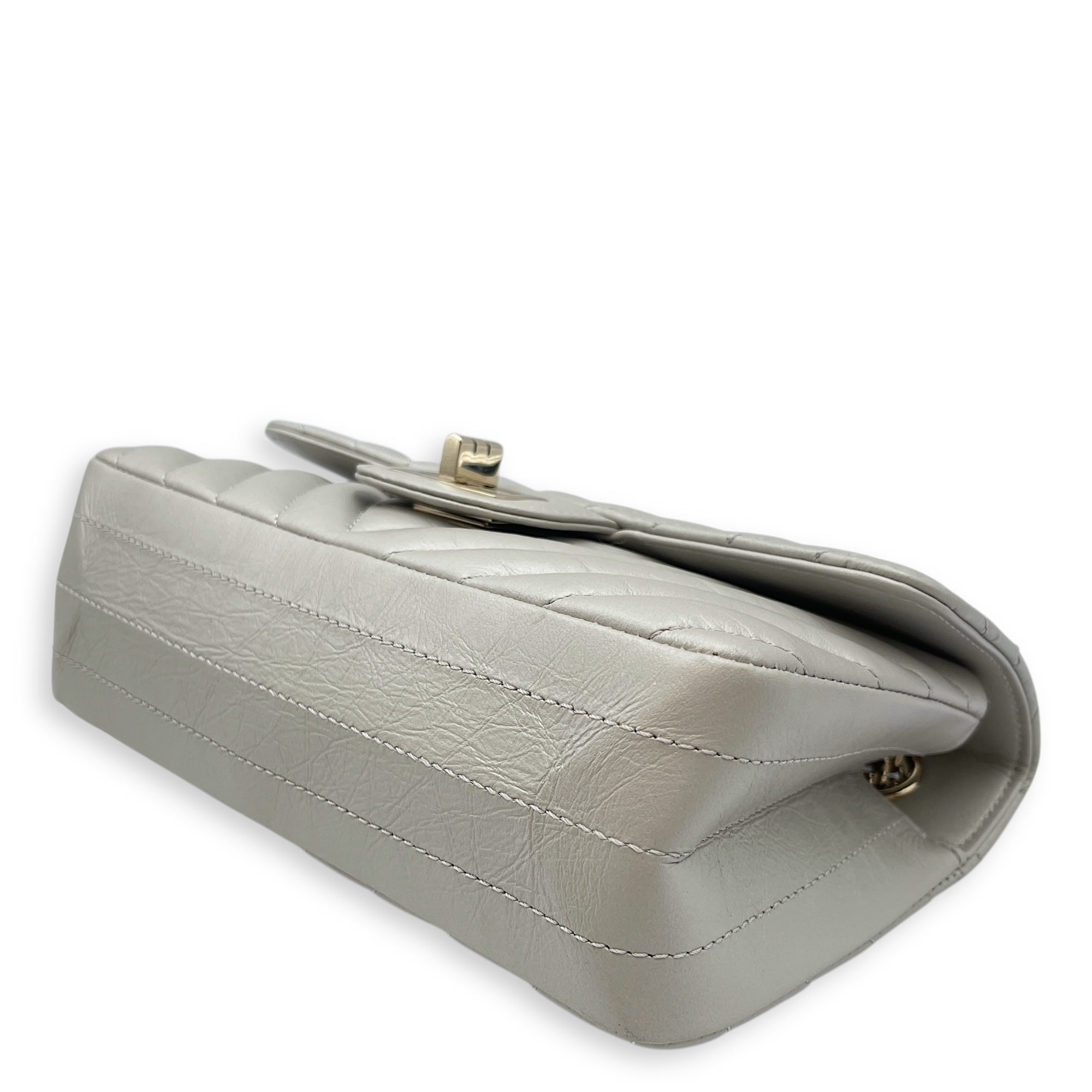 Chevron 22.55 Reissue Mini Metallic Grey Crossbody Bag in Lambskin, Gold hardware
