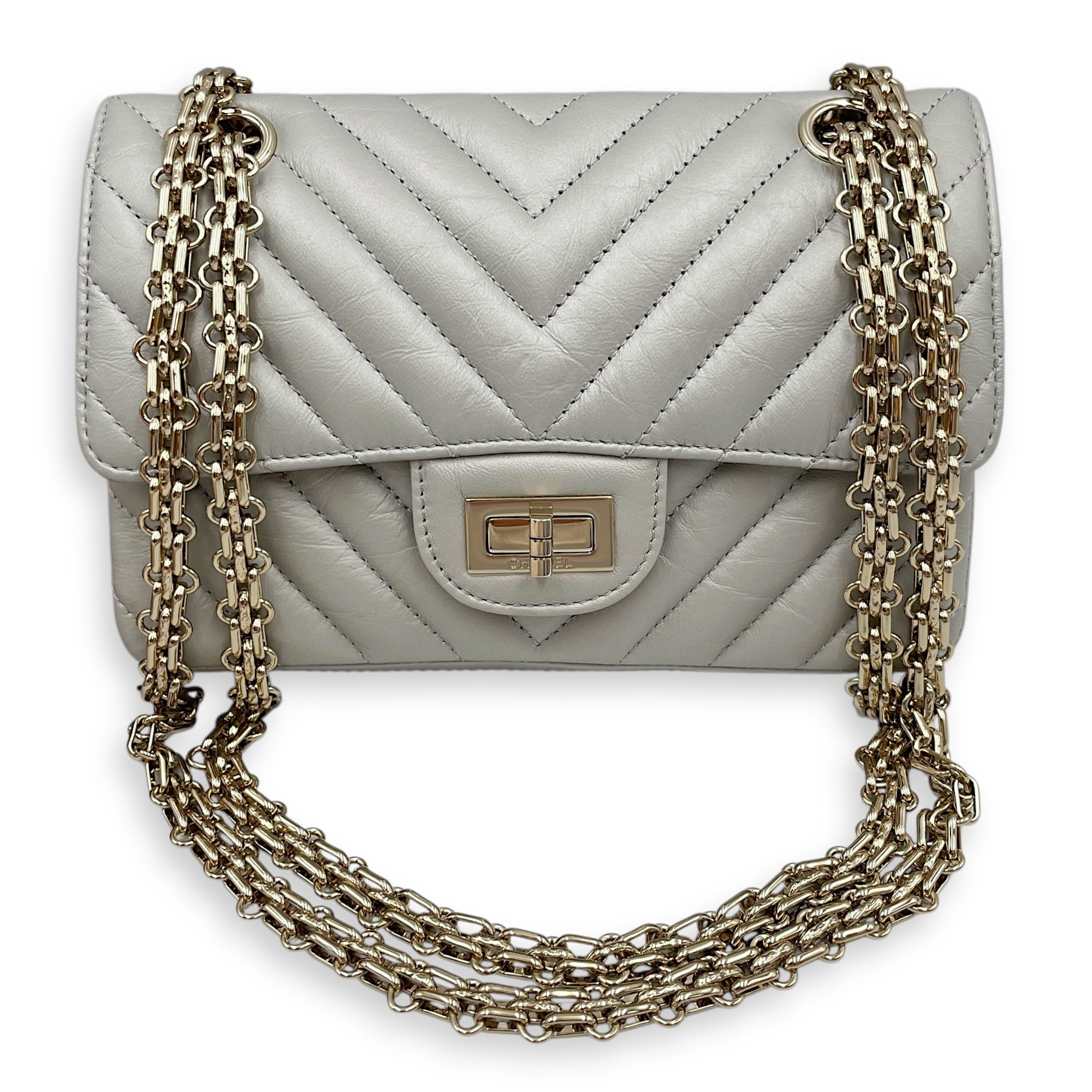 Chevron 22.55 Reissue Mini Metallic Grey Crossbody Bag in Lambskin, Gold hardware