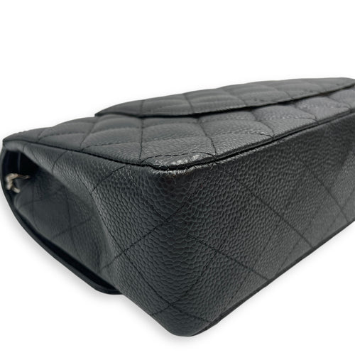 Classic Medium Black Double Flap Bag in Caviar Leather, Silver hardware