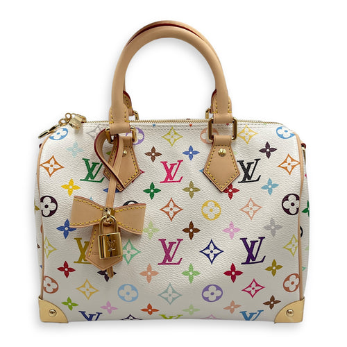 LV x TM Speedy 25cm White Shoulder Bag in Canvas, Gold hardware