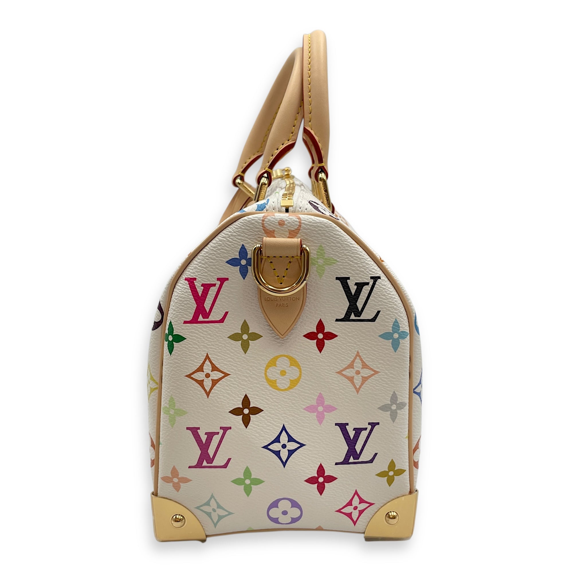 LV x TM Speedy 25cm White Shoulder Bag in Canvas, Gold hardware