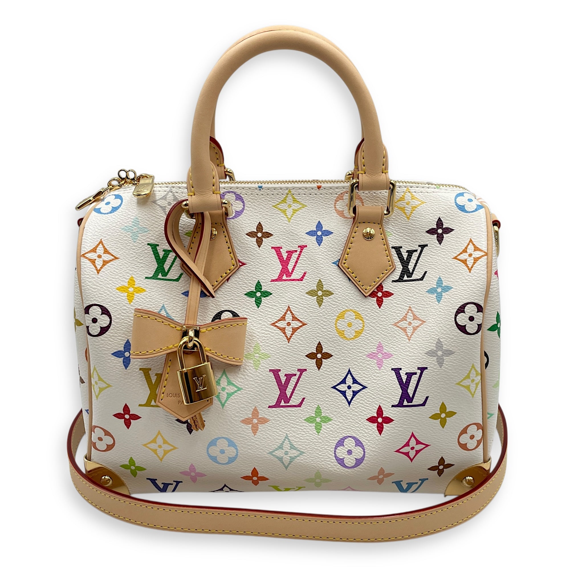 LV x TM Speedy 25cm White Shoulder Bag in Canvas, Gold hardware