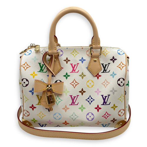 LV x TM Speedy 25cm White Shoulder Bag in Canvas, Gold hardware