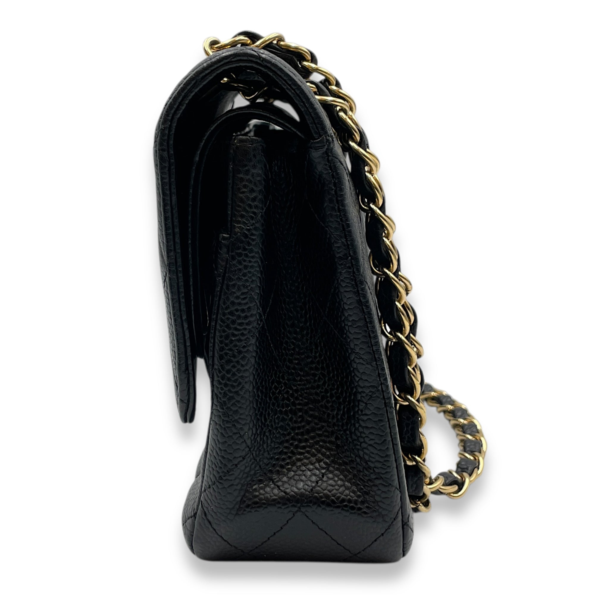 Classic Medium Black Double Flap Bag in Caviar Leather, Gold hardware