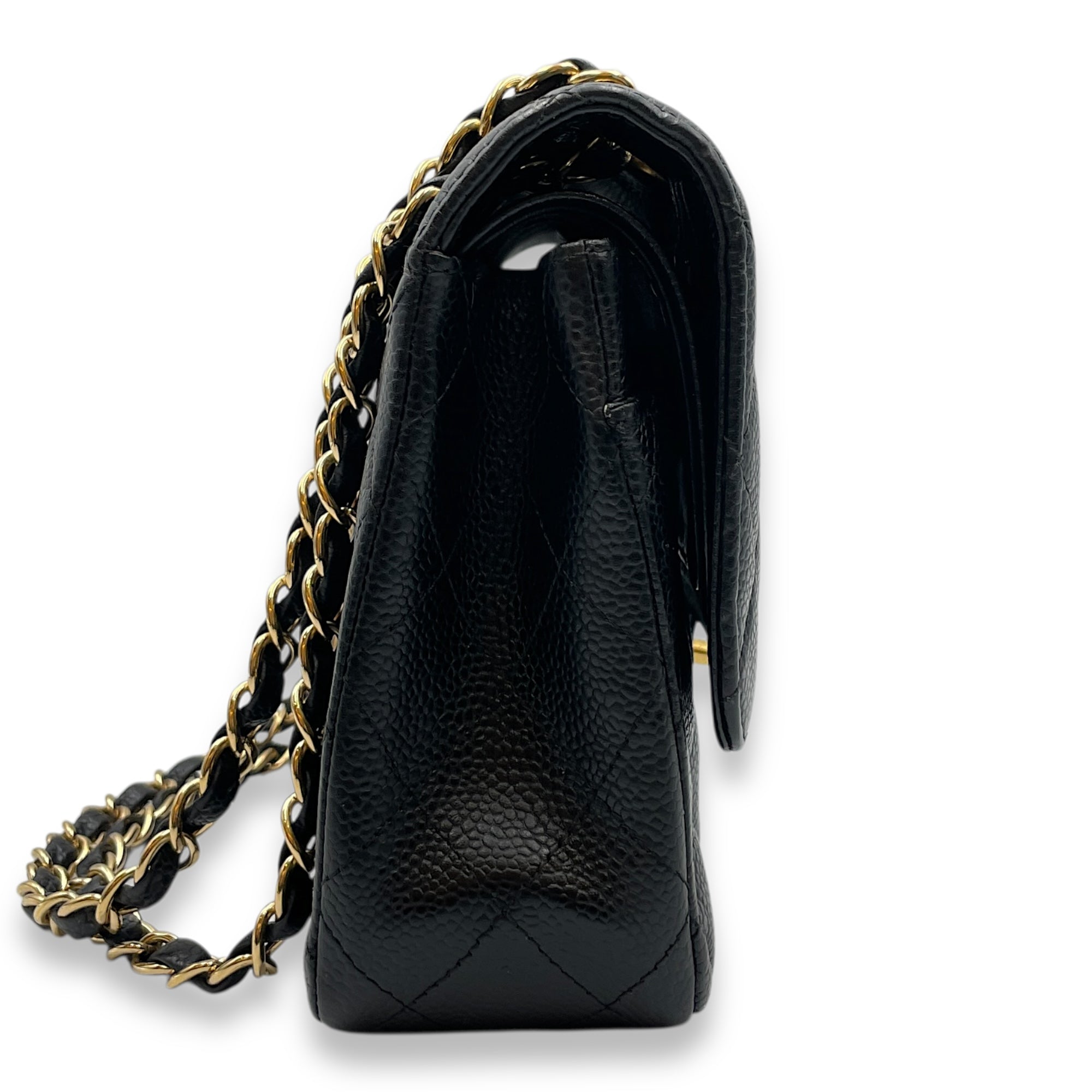 Classic Medium Black Double Flap Bag in Caviar Leather, Gold hardware