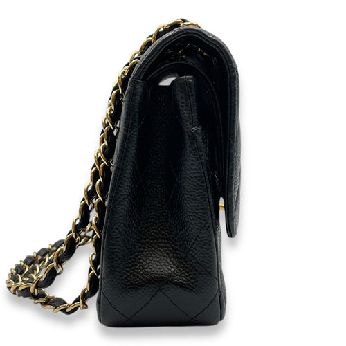 Classic Medium Black Double Flap Bag in Caviar Leather, Gold hardware