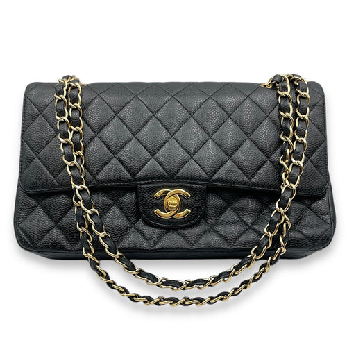 Classic  Medium Black Double Flap Bag in Caviar Leather Gold hardware
