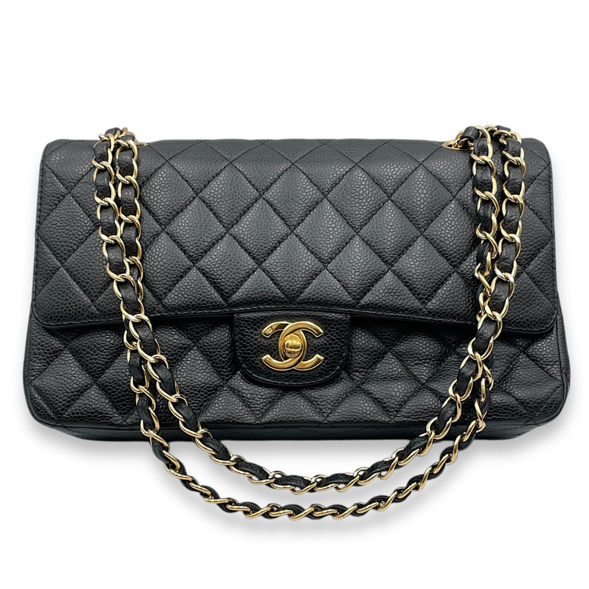 Classic Medium Black Double Flap Bag in Caviar Leather, Gold hardware