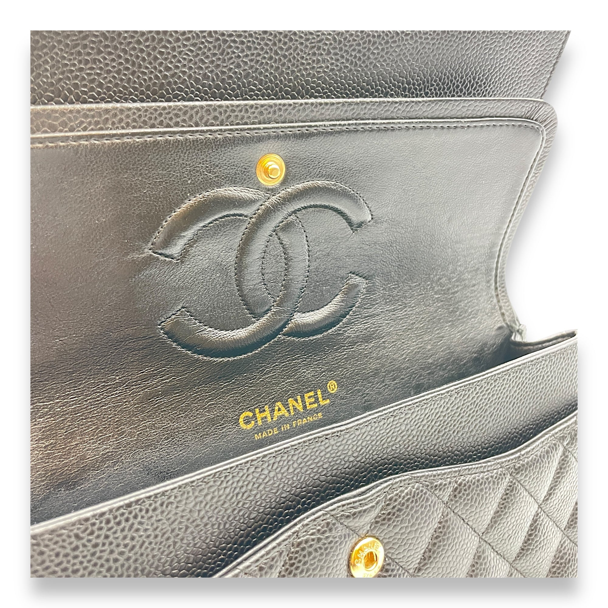 Classic Medium Black Double Flap Bag in Caviar Leather, Gold hardware