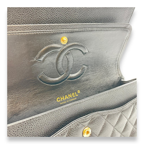 Classic Medium Black Double Flap Bag in Caviar Leather, Gold hardware