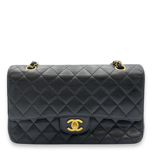 Classic  Medium Black Double Flap Bag in Caviar Leather Gold hardware