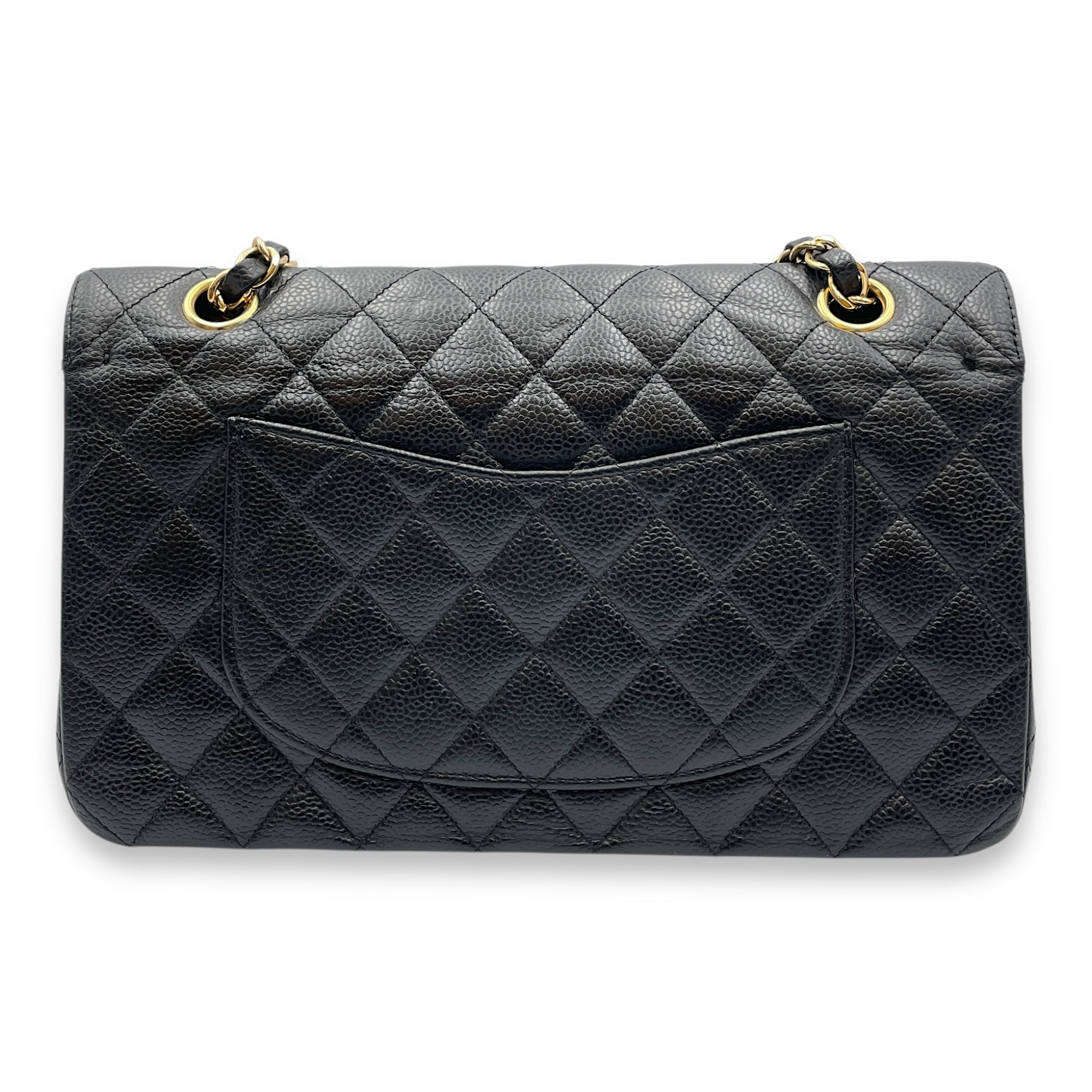 Classic Medium Black Double Flap Bag in Caviar Leather, Gold hardware