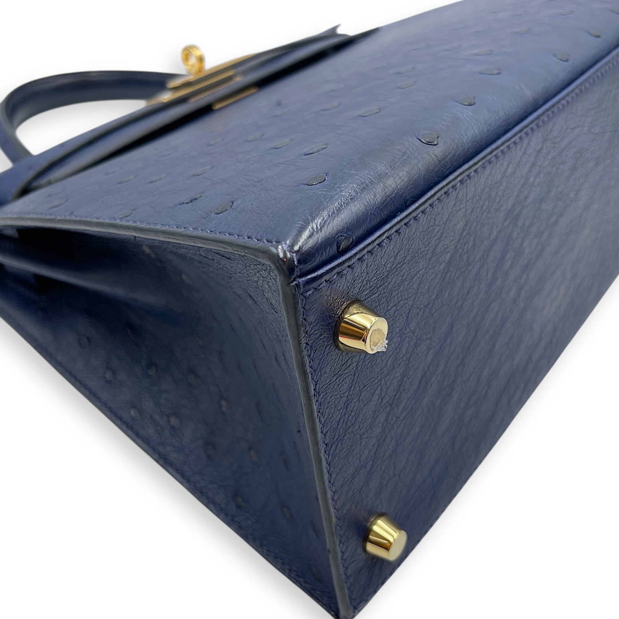HSS Sellier Kelly 28 Iris/Jaune Ambre in Ostrich, Gold hardware