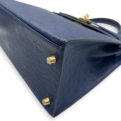 HSS Sellier Kelly 28 Iris/Jaune Ambre in Ostrich, Gold hardware