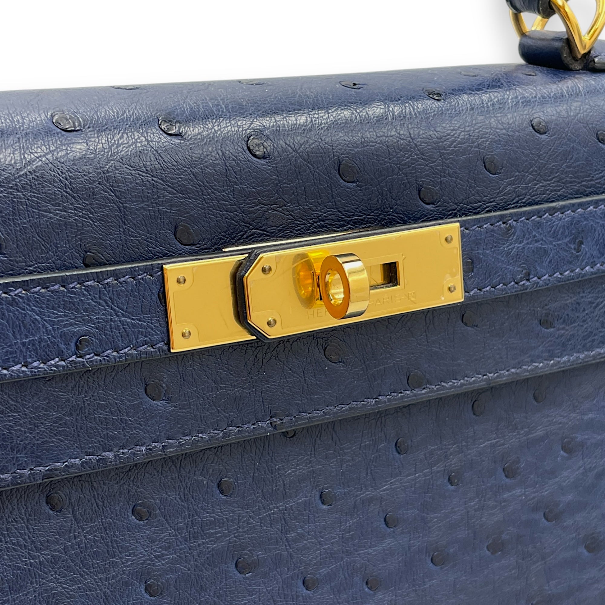 HSS Sellier Kelly 28 Iris/Jaune Ambre in Ostrich, Gold hardware