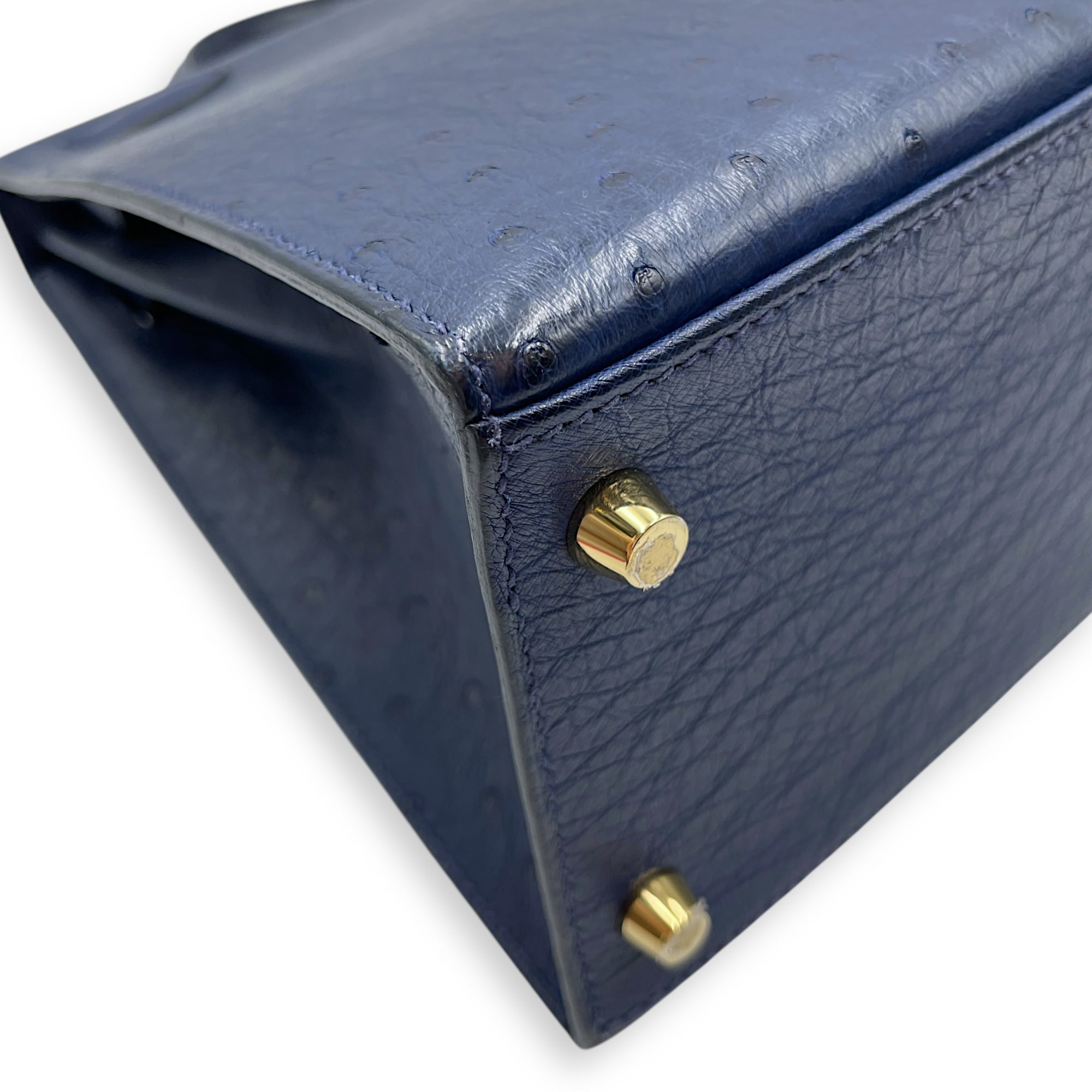 HSS Sellier Kelly 28 Iris/Jaune Ambre in Ostrich, Gold hardware