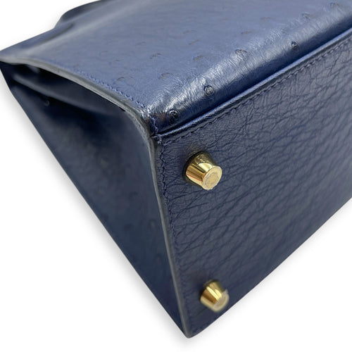 HSS Sellier Kelly 28 Iris/Jaune Ambre in Ostrich, Gold hardware