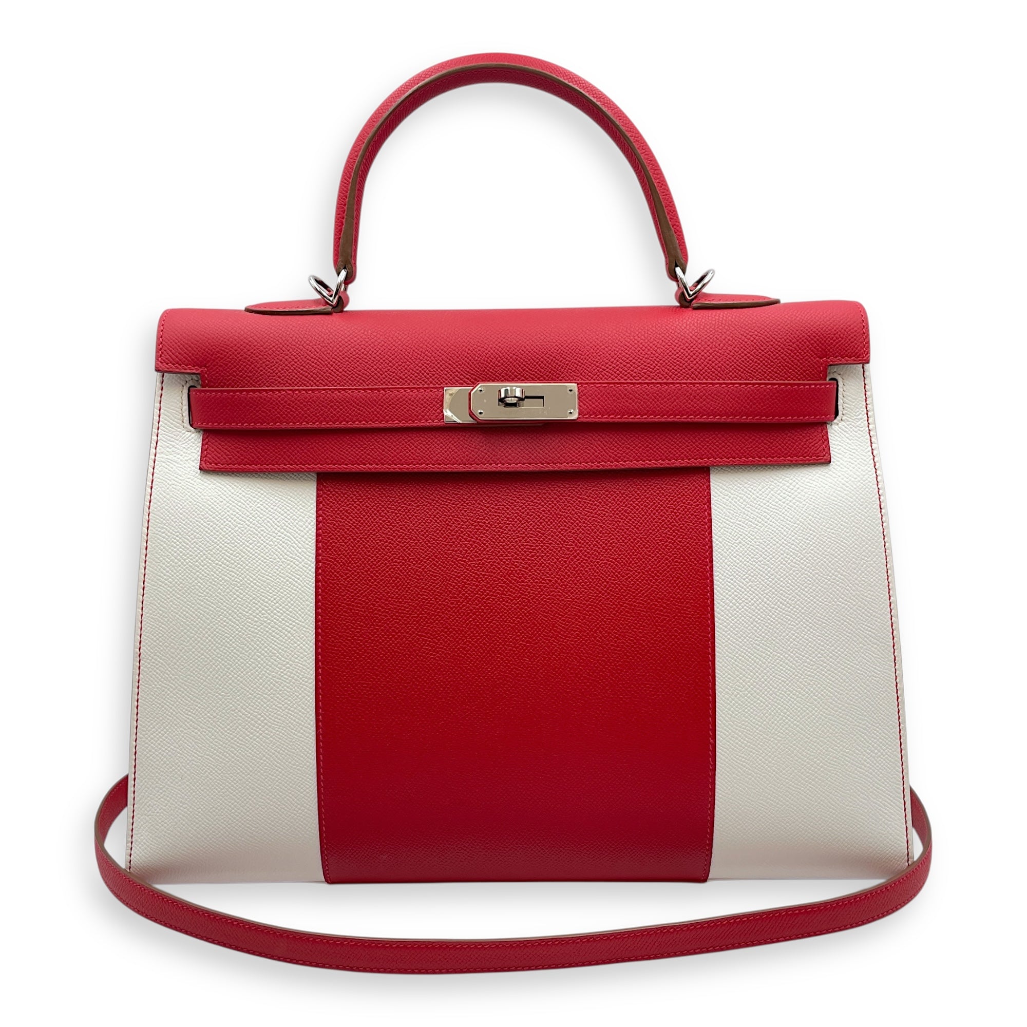 Flag Sellier Kelly 35 Rouge Casaque/Blanc in Epsom, Palladium hardware