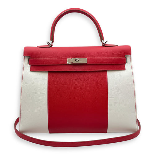 Flag Sellier Kelly 35 Rouge Casaque/Blanc in Epsom, Palladium hardware