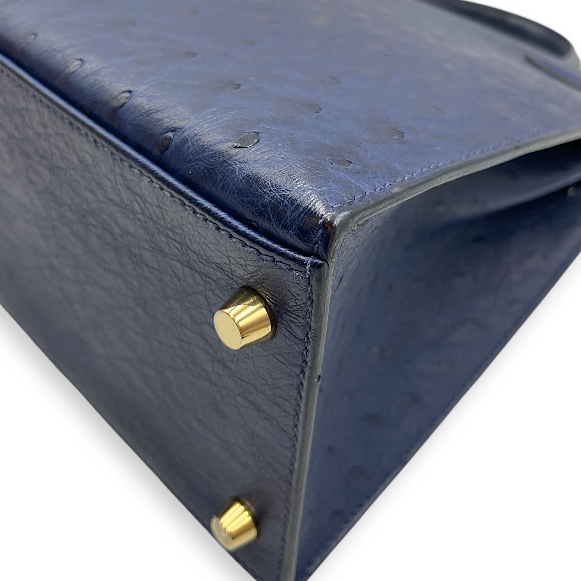 HSS Sellier Kelly 28 Iris/Jaune Ambre in Ostrich, Gold hardware