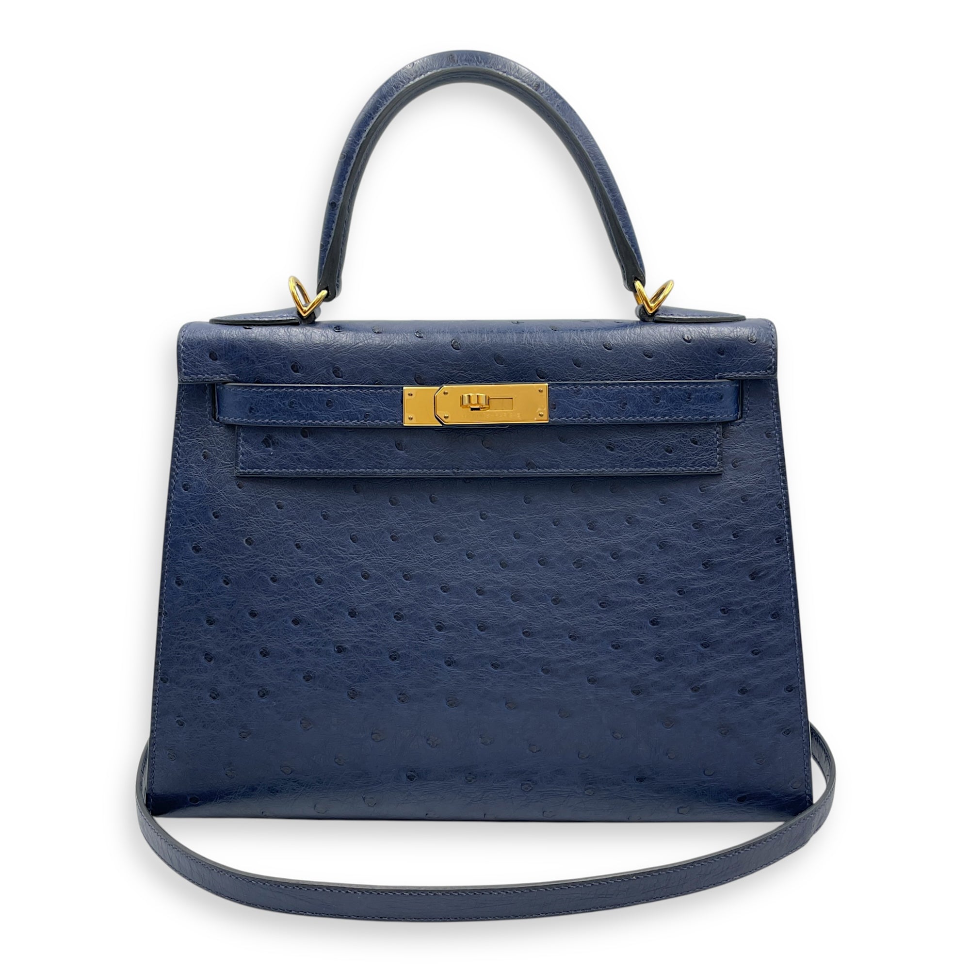 HSS Sellier Kelly 28 Iris/Jaune Ambre in Ostrich, Gold hardware