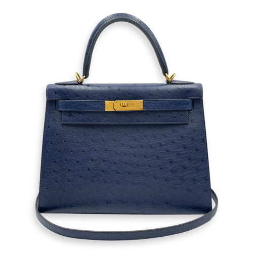 HSS Sellier Kelly 28 Iris/Jaune Ambre in Ostrich, Gold hardware