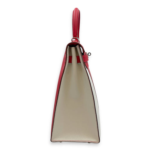 Flag Sellier Kelly 35 Rouge Casaque/Blanc in Epsom, Palladium hardware