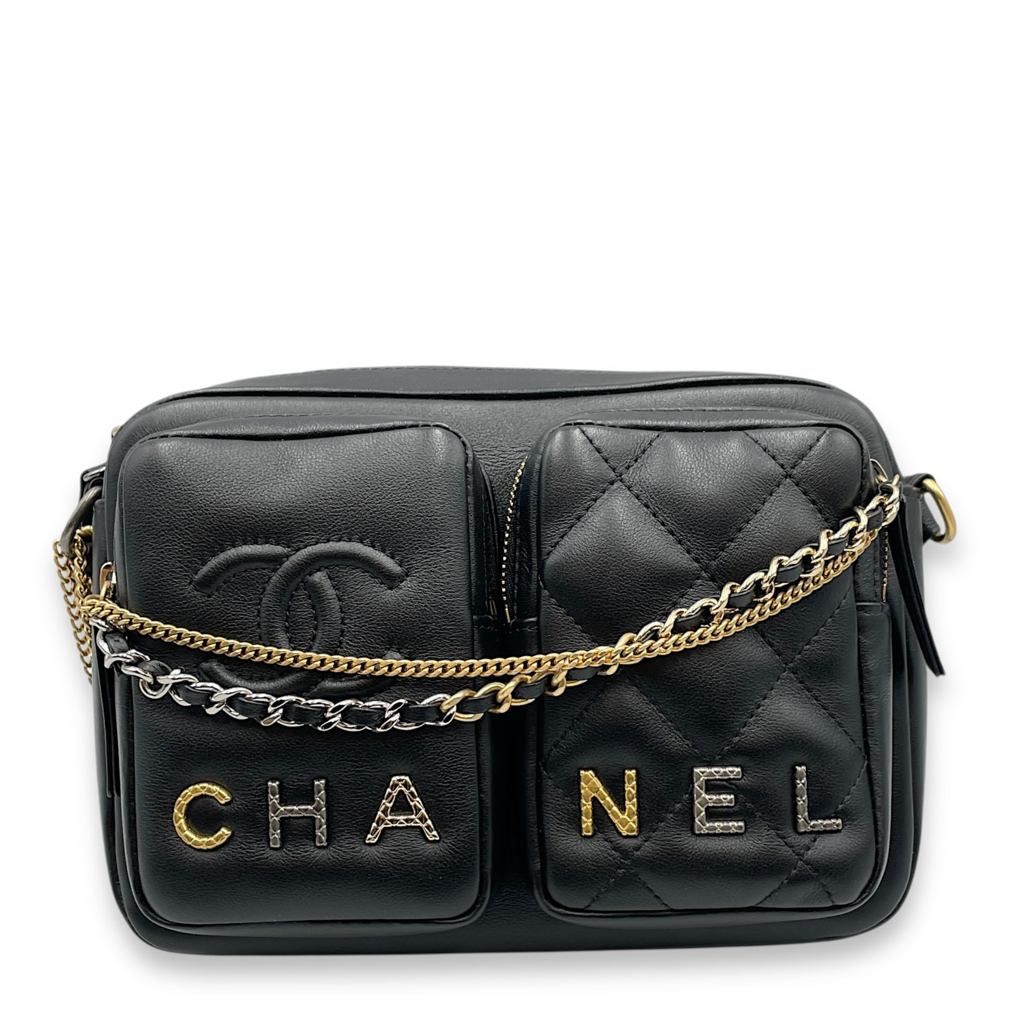 22C Black Camera Bag in Calfskin, Gold hardware
