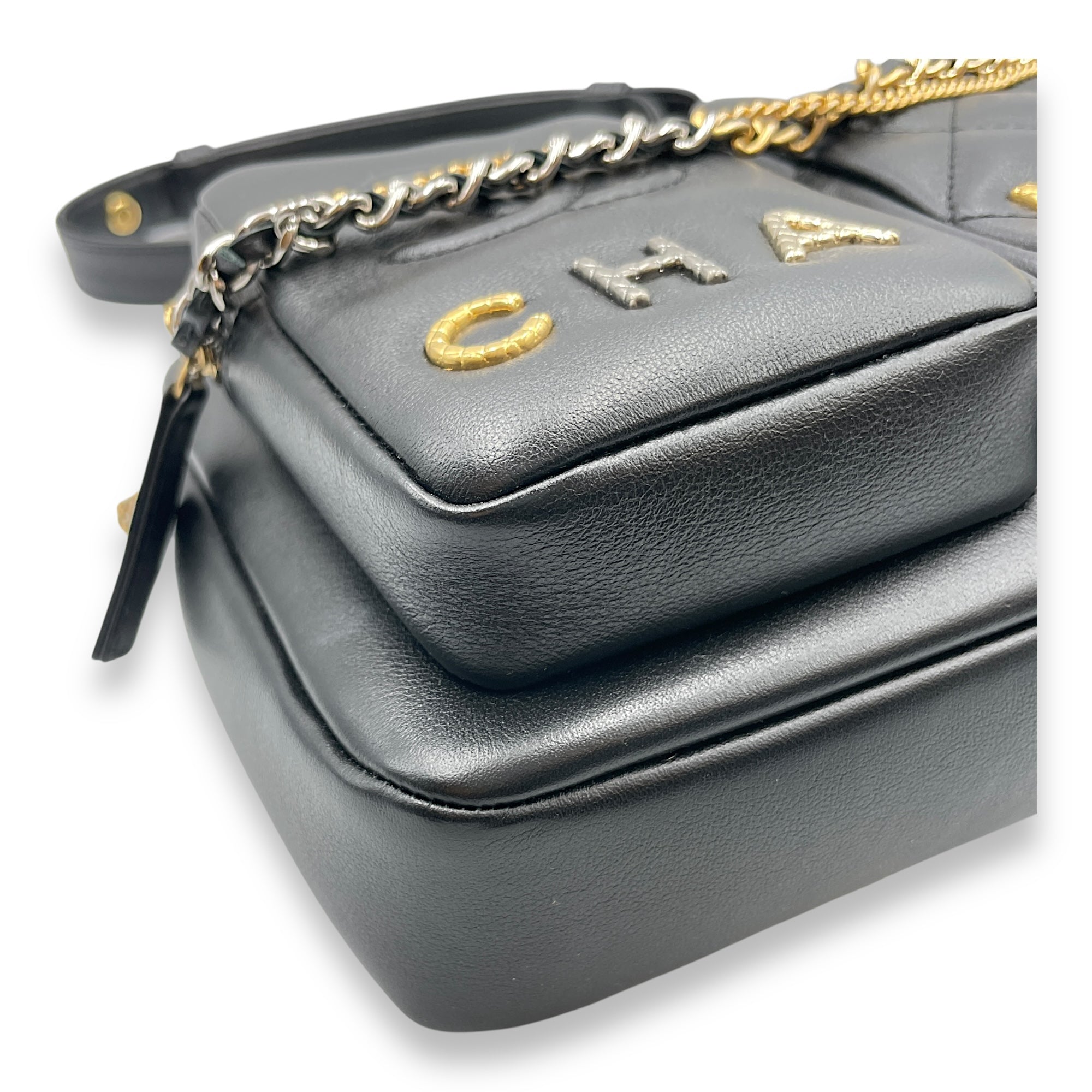 22C Black Camera Bag in Calfskin, Gold hardware