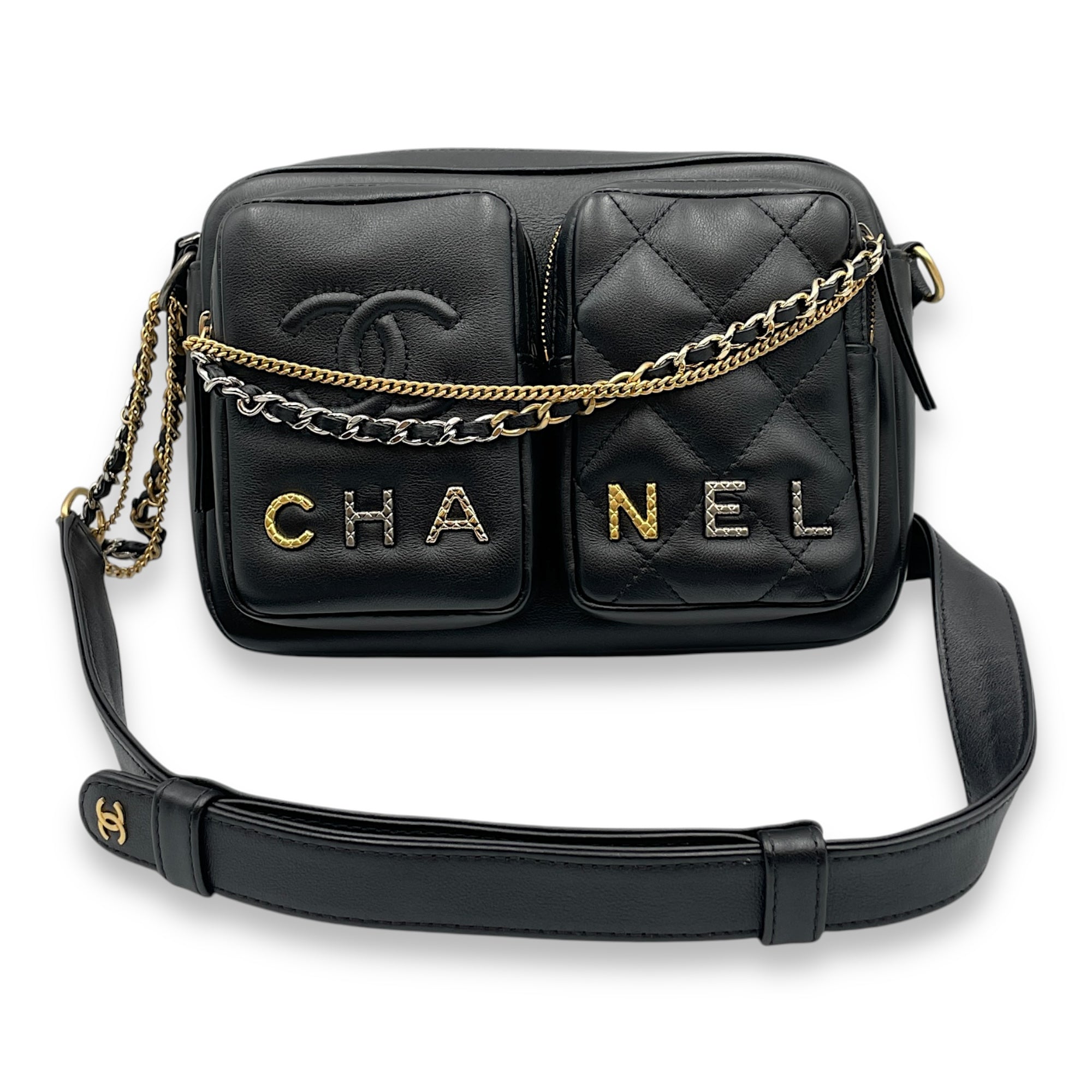 22C Black Camera Bag in Calfskin, Gold hardware