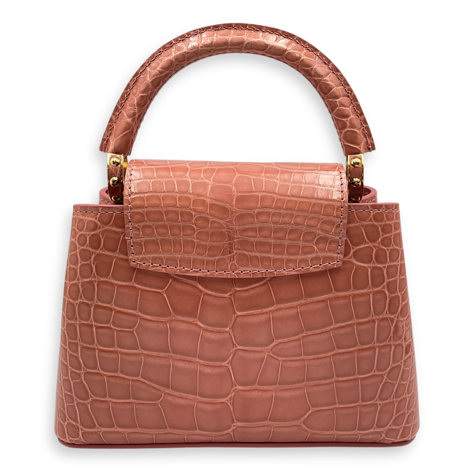 Capucines Mini Pink Shoulder Bag in Shiny Alligator, Gold hardware