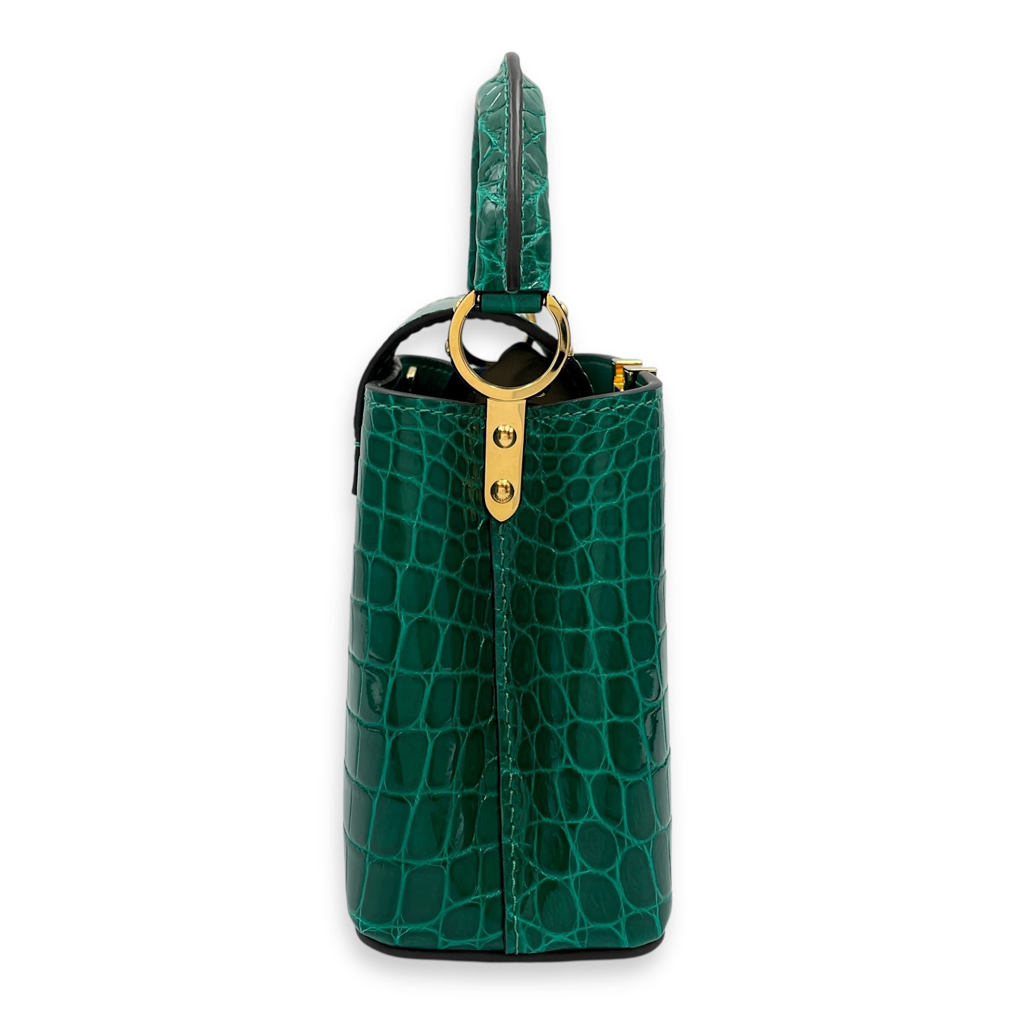 Capucines Mini Emerald Shoulder Bag in Shiny Alligator, Gold hardware