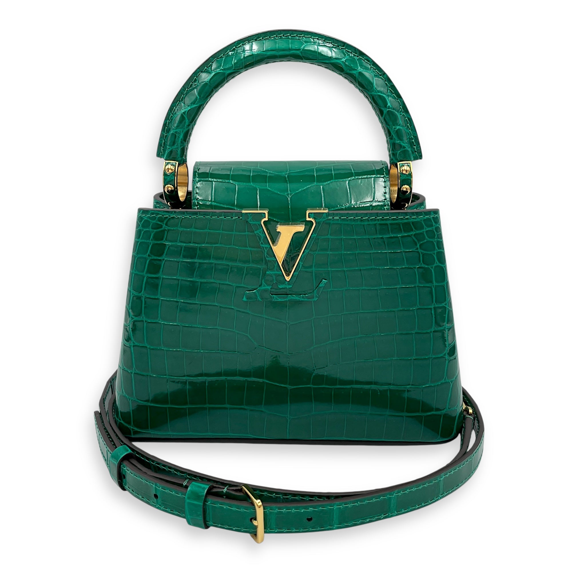 Capucines Mini Emerald Shoulder Bag in Shiny Alligator, Gold hardware