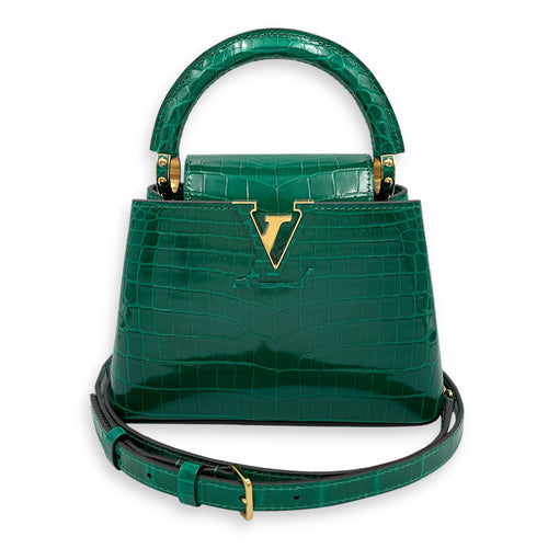 Capucines Mini Emerald Shoulder Bag in Shiny Alligator, Gold hardware