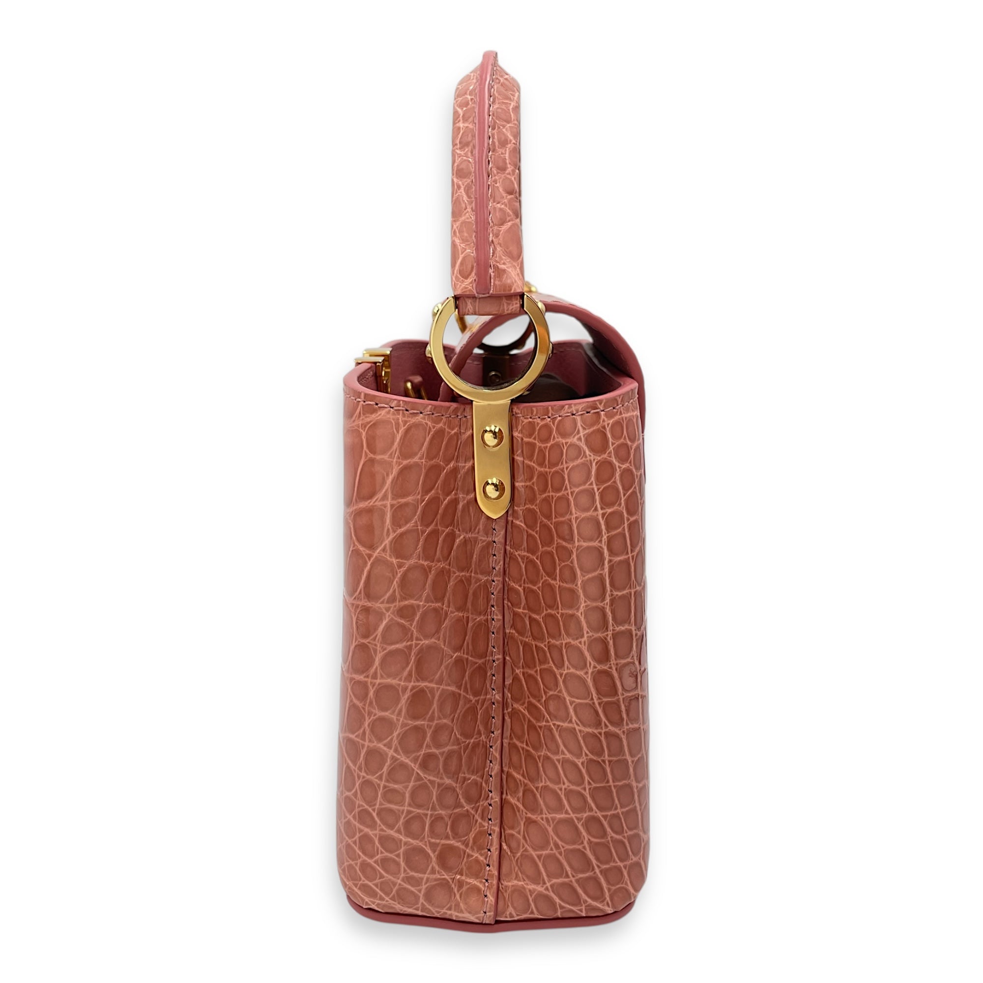 Capucines Mini Pink Shoulder Bag in Shiny Alligator, Gold hardware