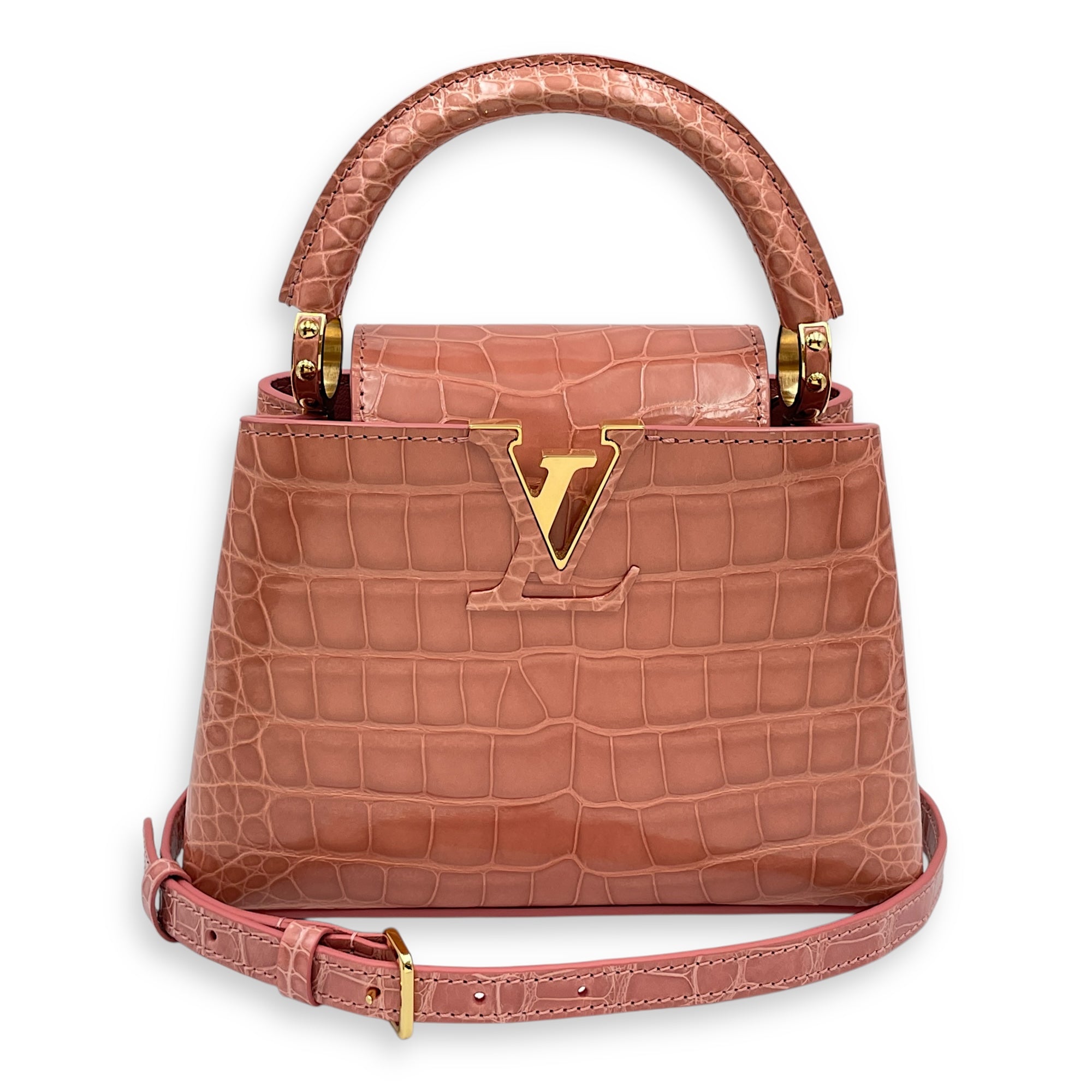 Capucines Mini Pink Shoulder Bag in Shiny Alligator, Gold hardware