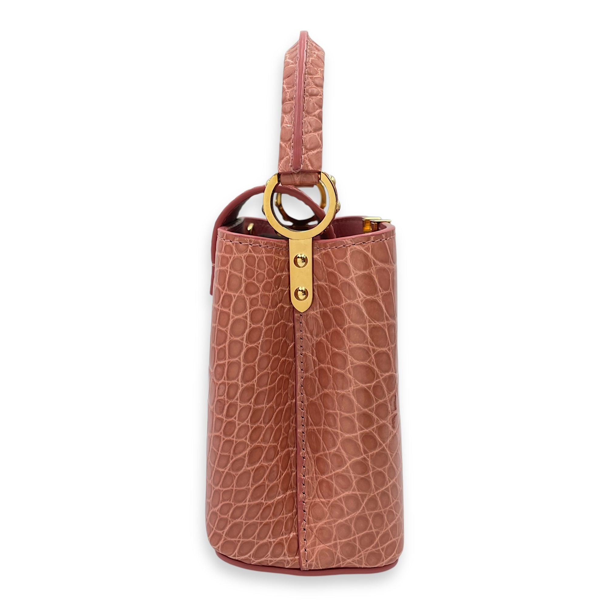 Capucines Mini Pink Shoulder Bag in Shiny Alligator, Gold hardware