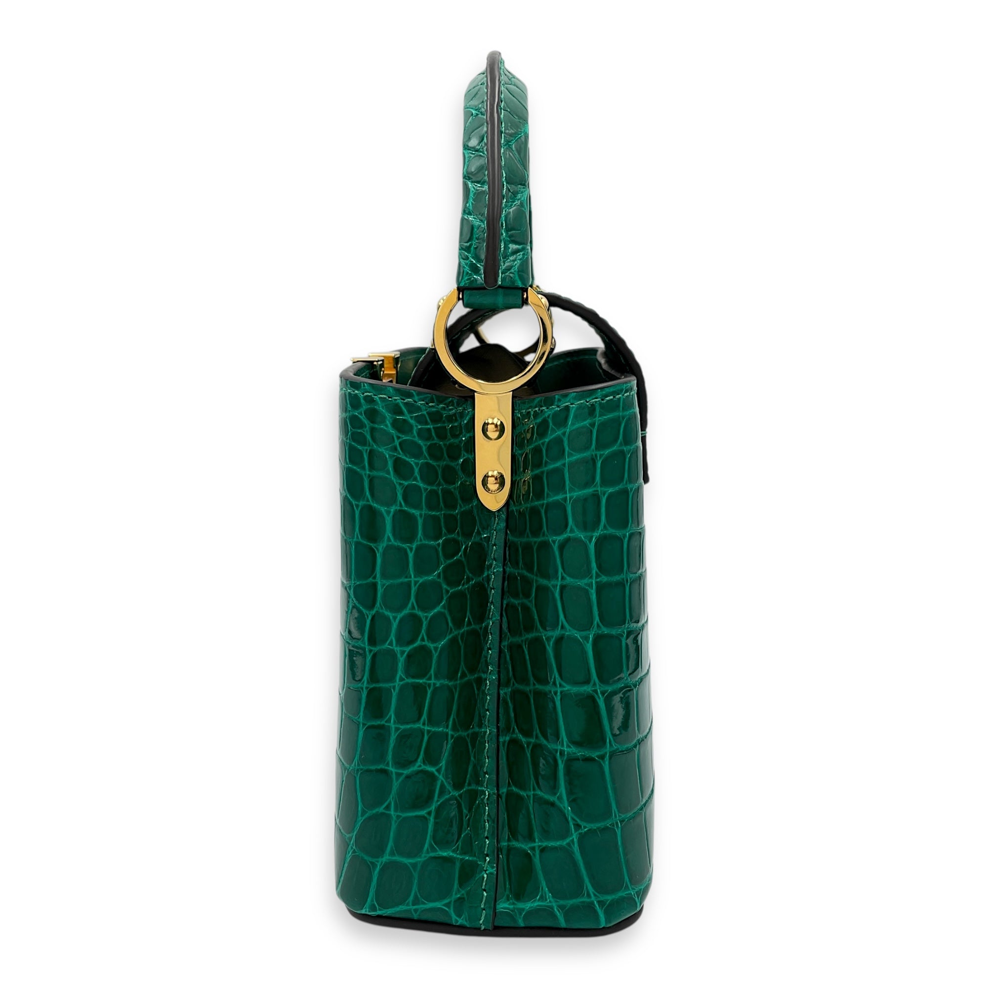 Capucines Mini Emerald Shoulder Bag in Shiny Alligator, Gold hardware