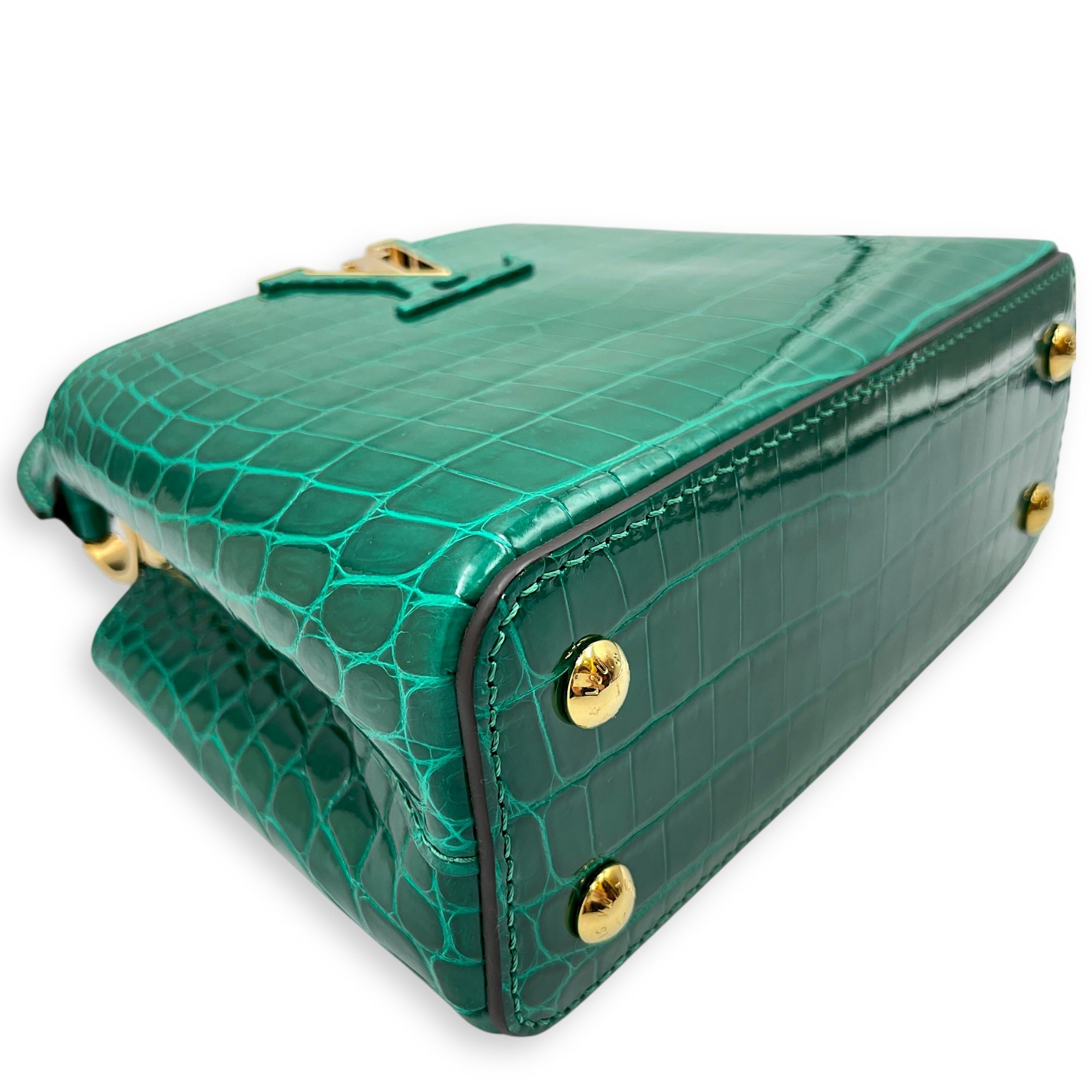 Capucines Mini Emerald Shoulder Bag in Shiny Alligator, Gold hardware