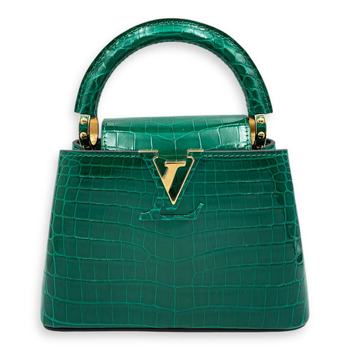 Capucines Mini Emerald Shoulder Bag in Shiny Alligator, Gold hardware